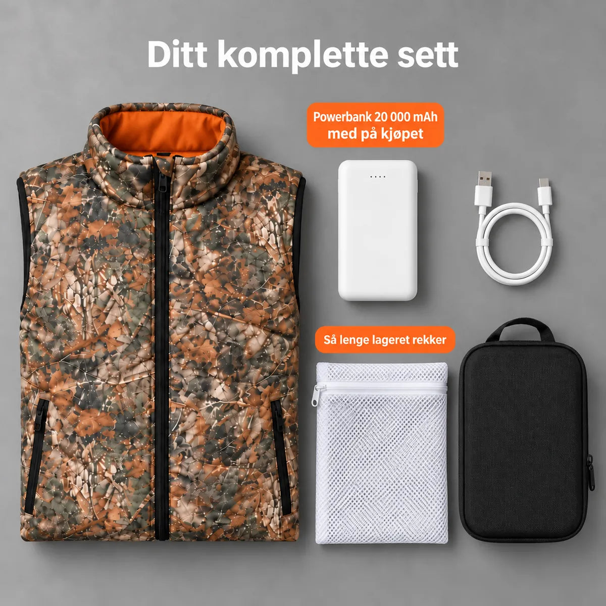 Komplett sett: Altor, powerbank 20 000 mAh, ladekabel, vaskepose og veske