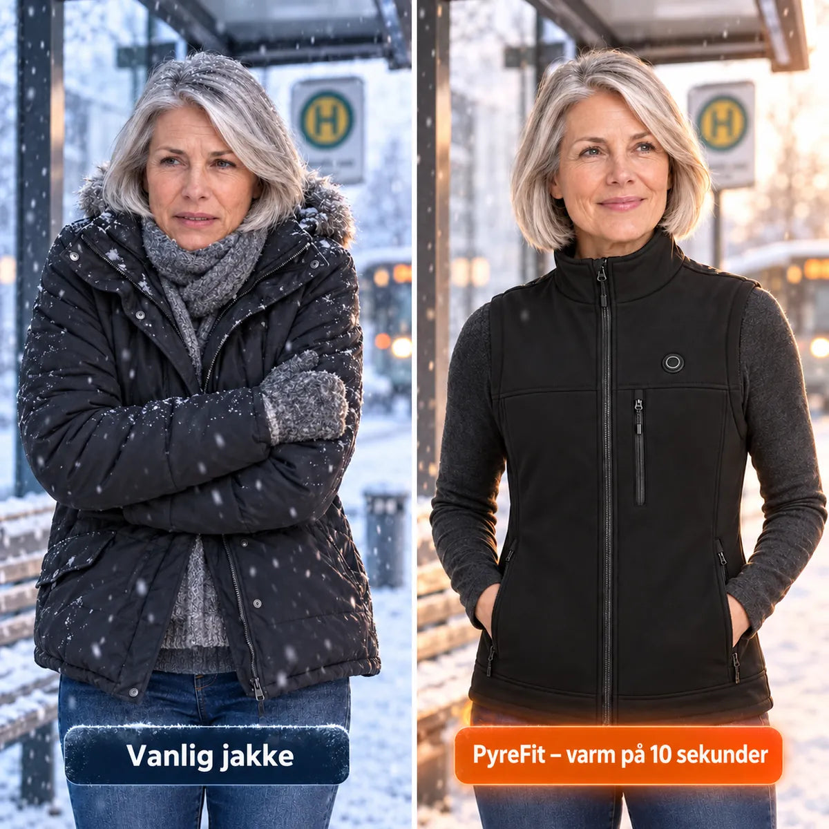 Sammenligning: vanlig vinterjakke og Elaressa med varme
