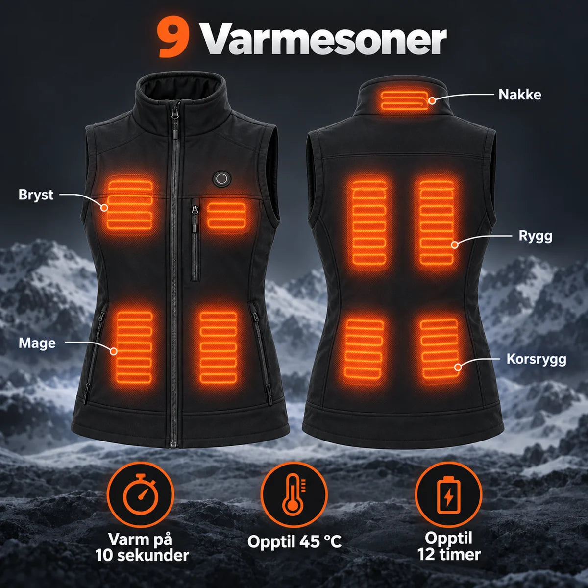 Varmevest dame PyreFit Elaressa: 9 varmesoner på nakke, bryst, mage, rygg og korsrygg