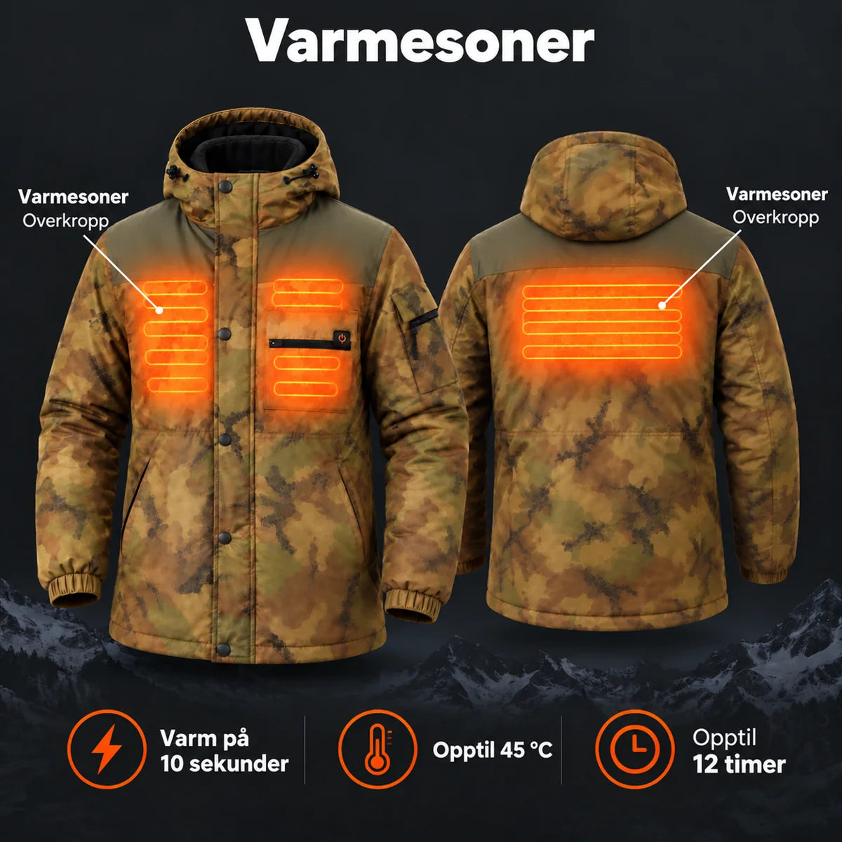 Oppvarmet frakk herre i kamuflasje PyreFit Mistro: varmesoner på overkroppen