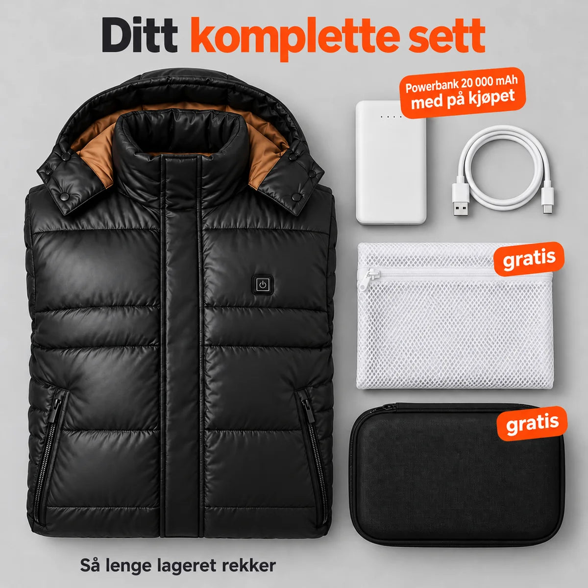 Komplett sett: Norvia, powerbank 20 000 mAh, ladekabel, vaskepose og veske