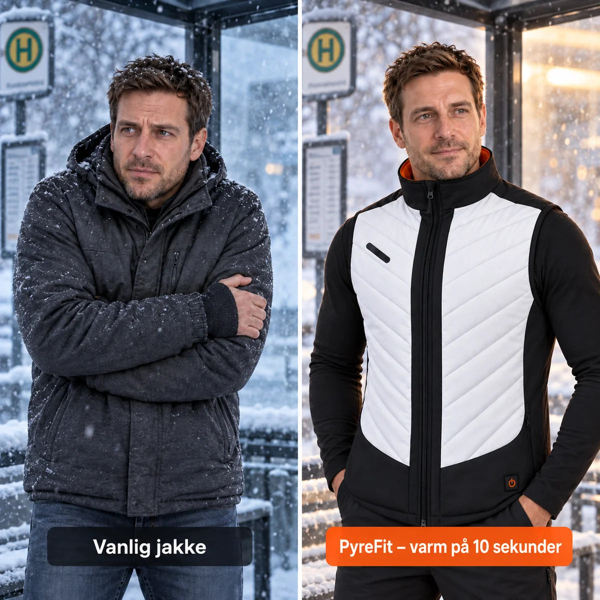 Sammenligning: vanlig vinterjakke og Novaro med varme