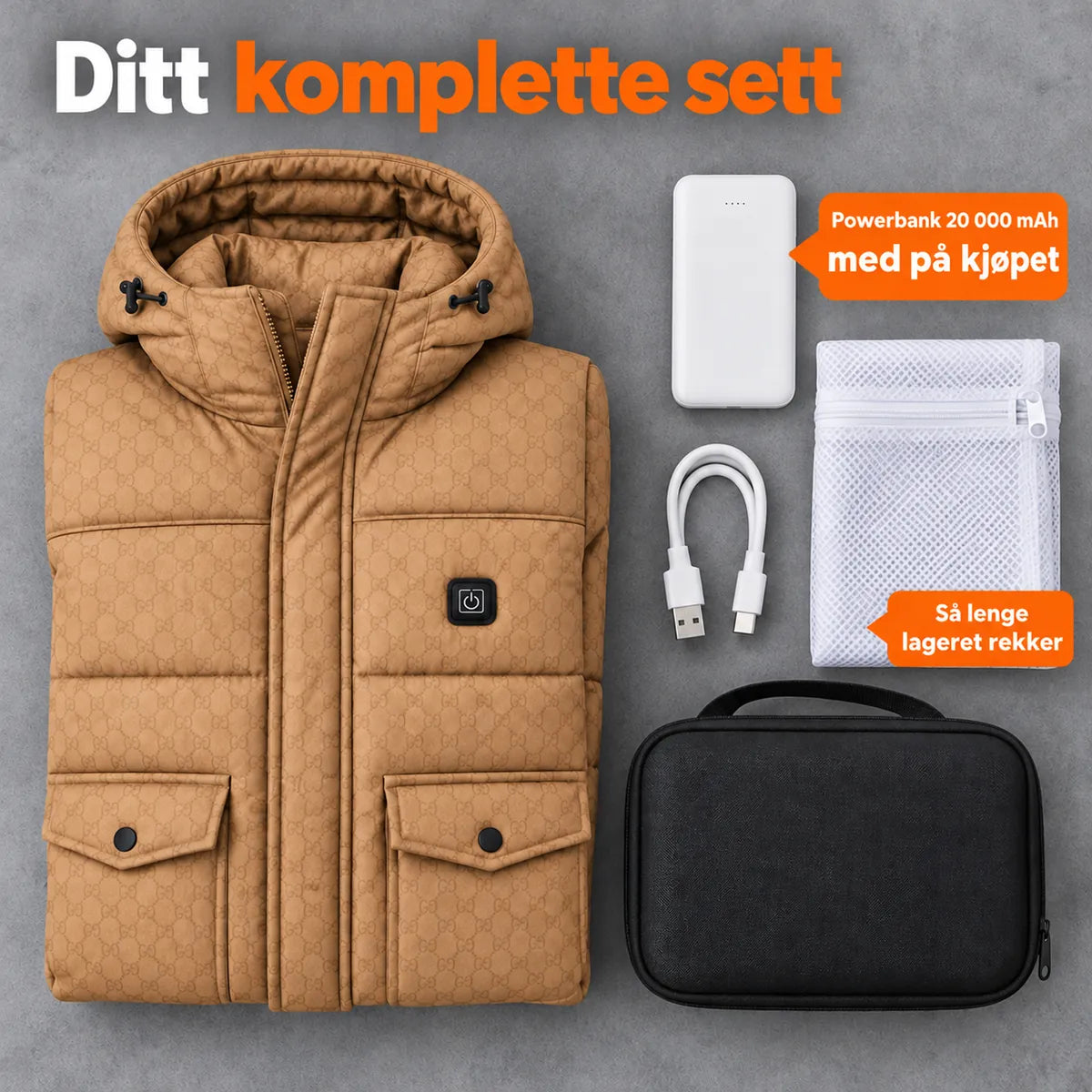 Komplett sett: Orielle, powerbank 20 000 mAh, ladekabel, vaskepose og veske