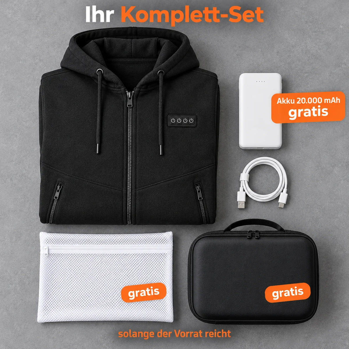 Komplett sett: Kernor, powerbank 20 000 mAh, ladekabel, vaskepose og veske