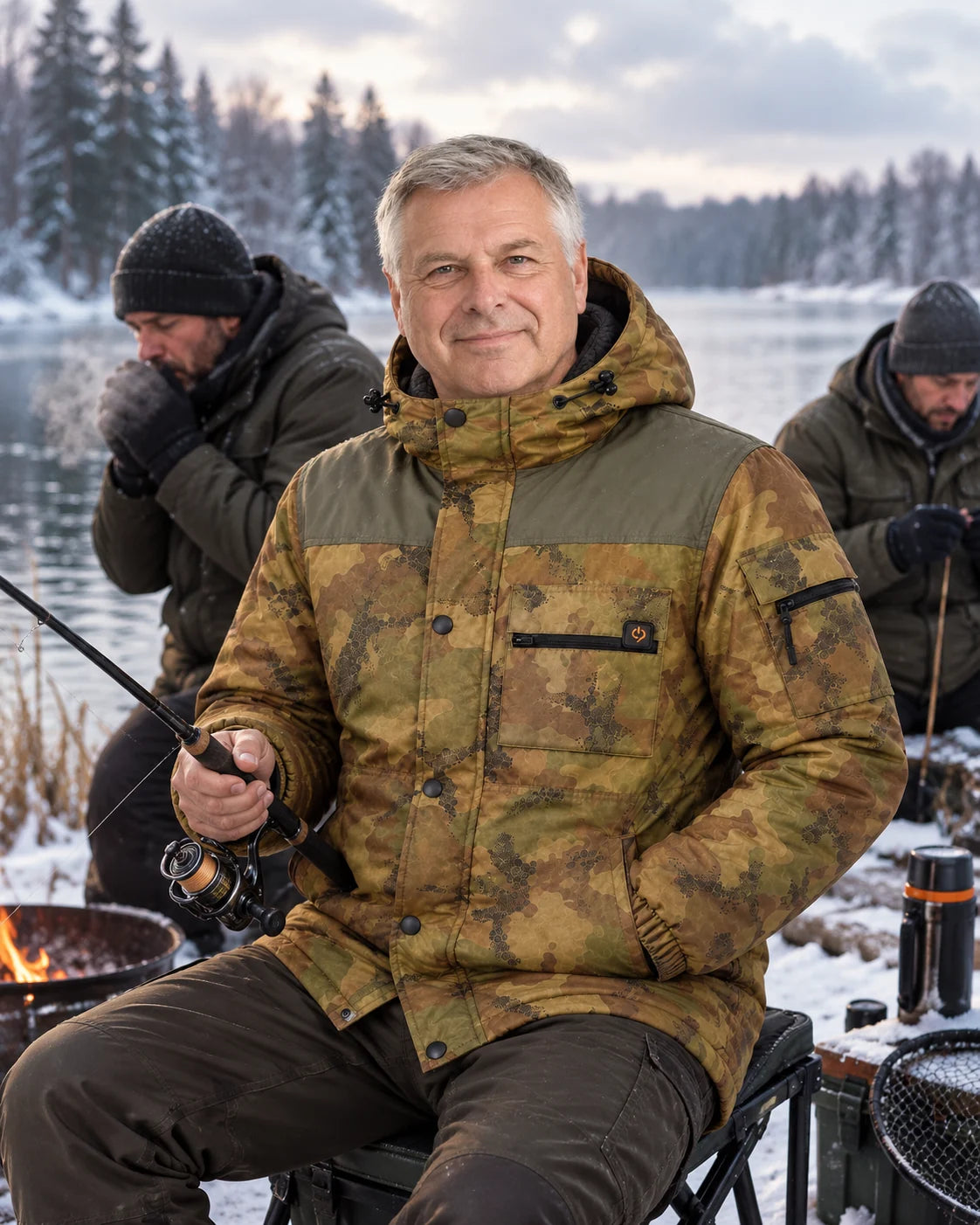Oppvarmet frakk herre i kamuflasje PyreFit Mistro en vinterdag: på fisketur