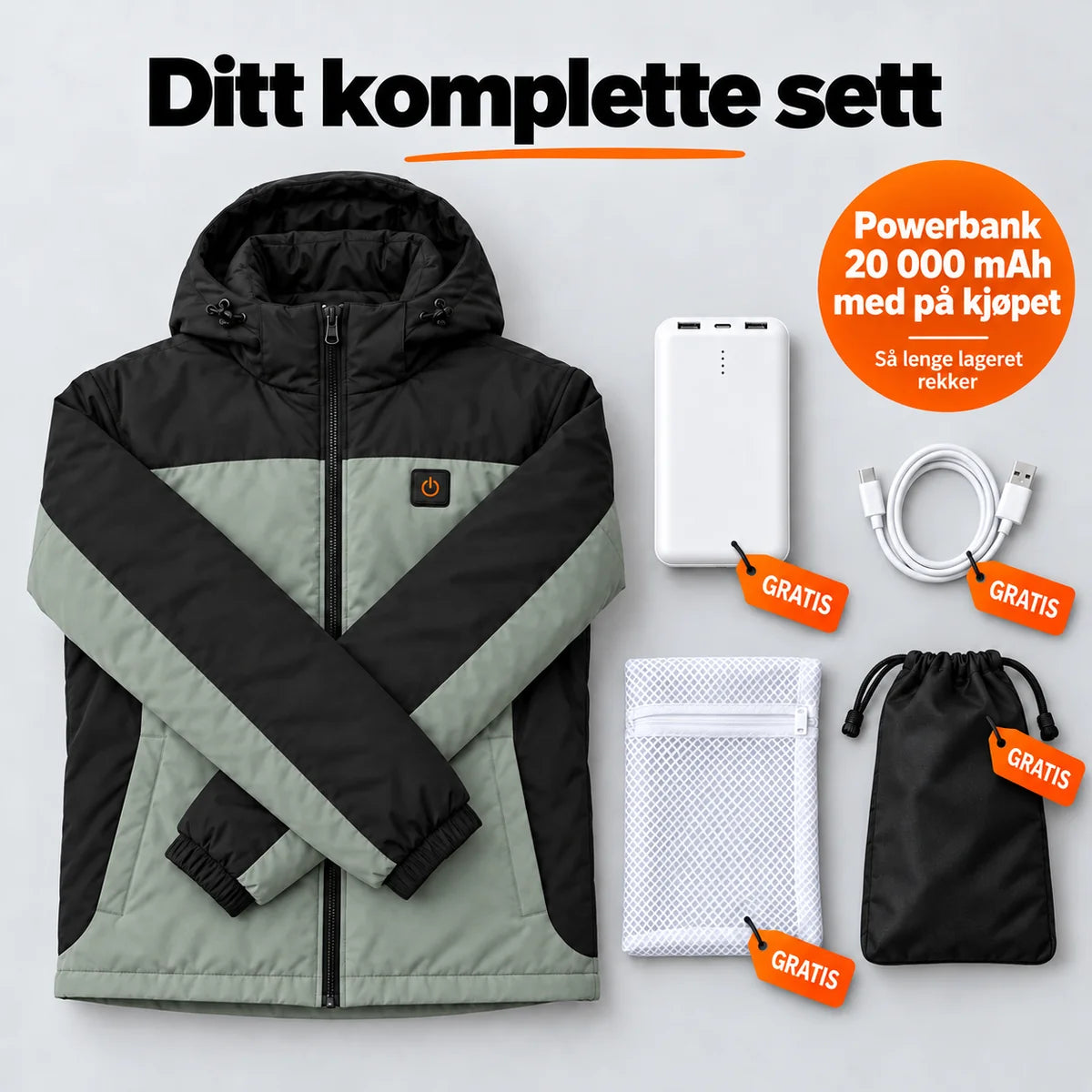 Komplett sett: Schiefer, powerbank 20 000 mAh, ladekabel, vaskepose og veske