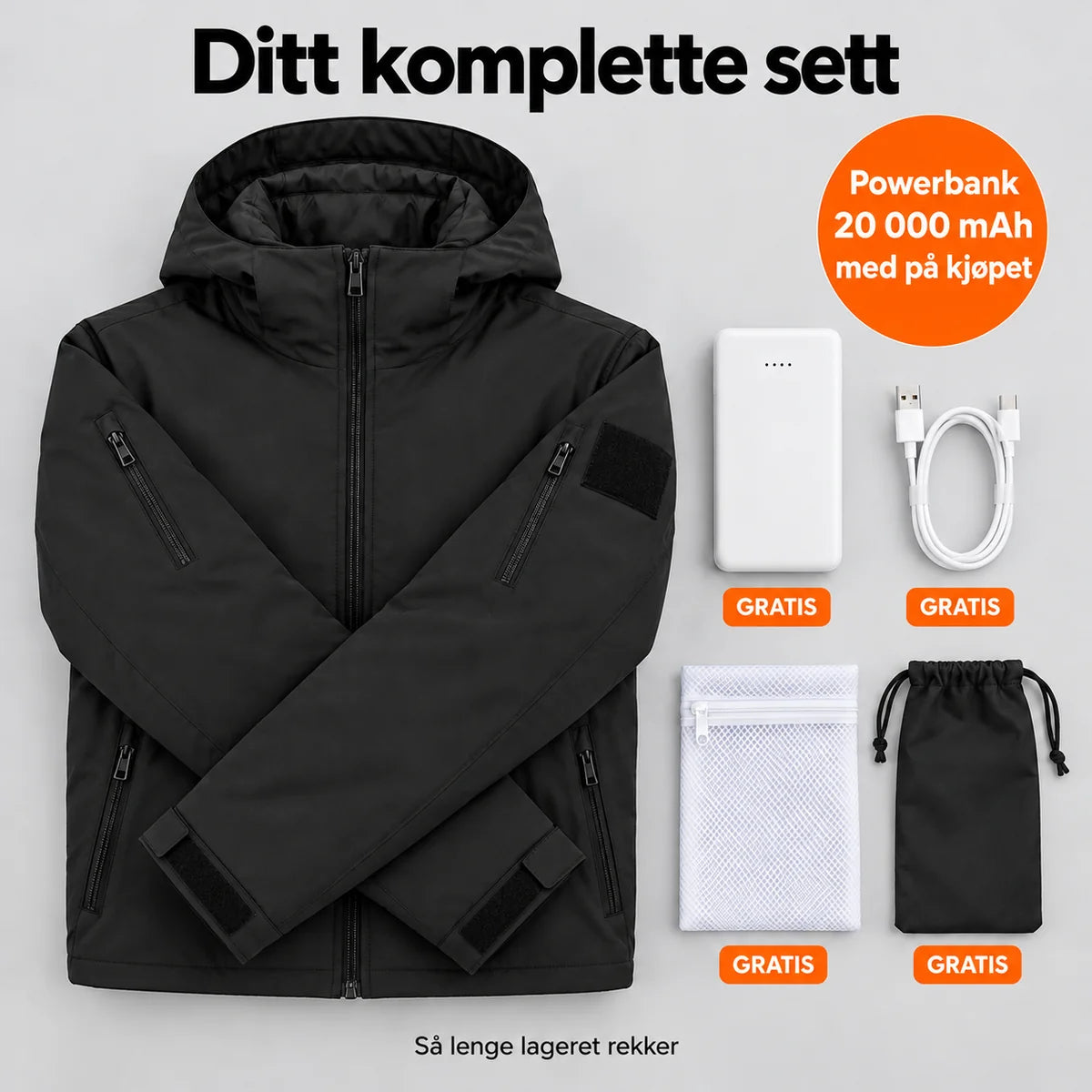 Komplett sett: Summaro, powerbank 20 000 mAh, ladekabel, vaskepose og veske