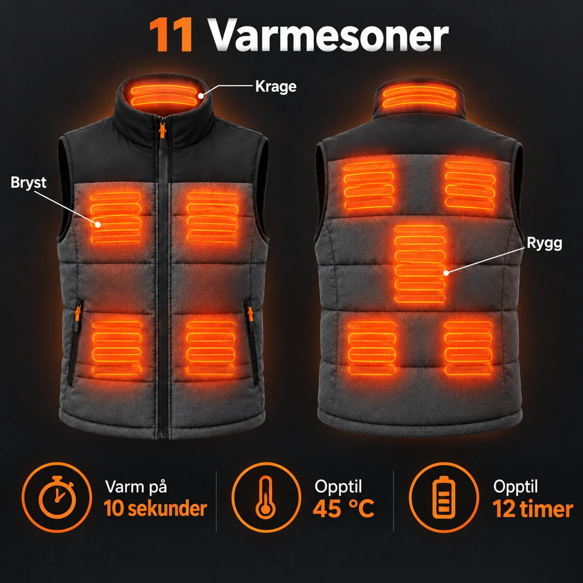 Varmevest unisex PyreFit Trailon: 11 varmesoner på bryst, rygg og krage