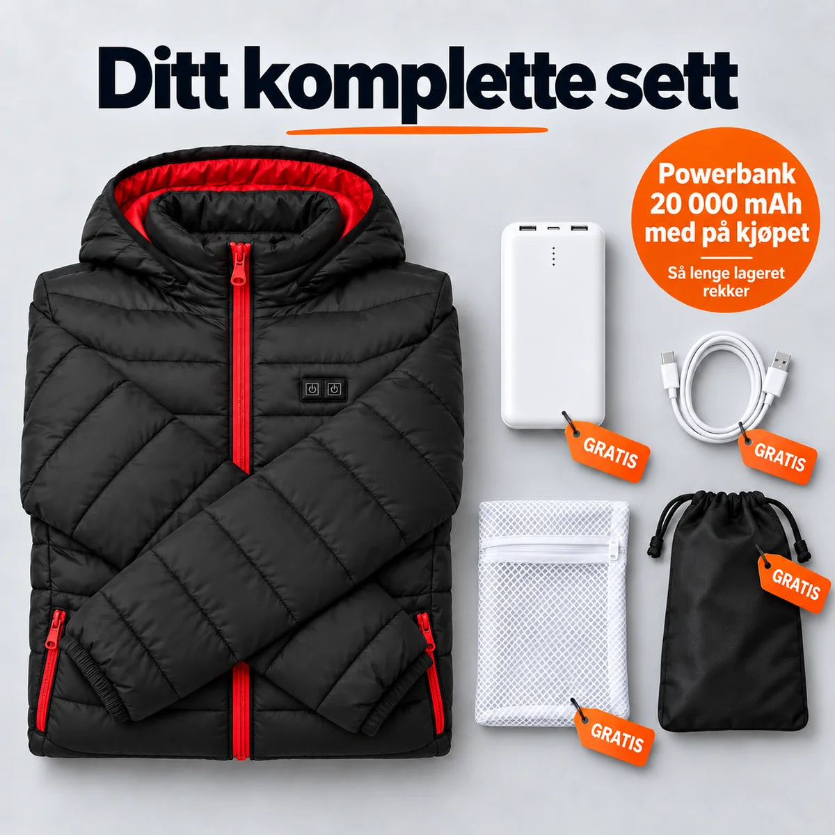 Komplett sett: Travina, powerbank 20 000 mAh, ladekabel, vaskepose og veske