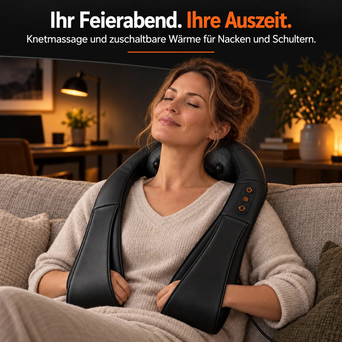 Shiatsu-nakkemassasjeapparat i svart: massasjepause i sofaen etter jobb