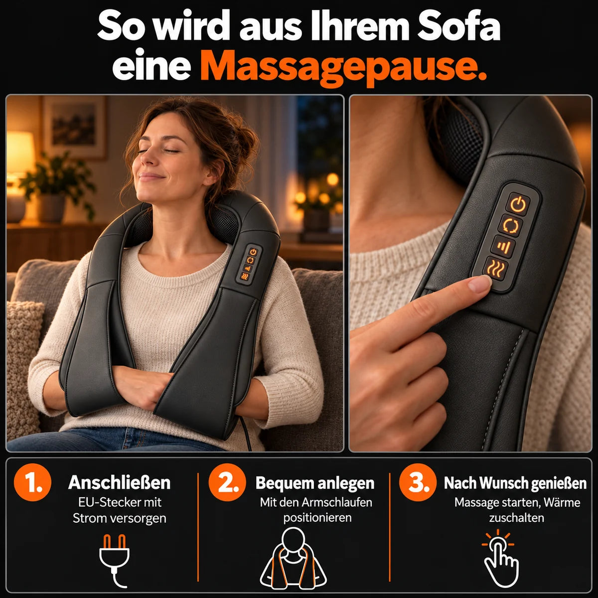 Shiatsu-nakkemassasjeapparat i grått: koble til, legg på og velg massasje med varme