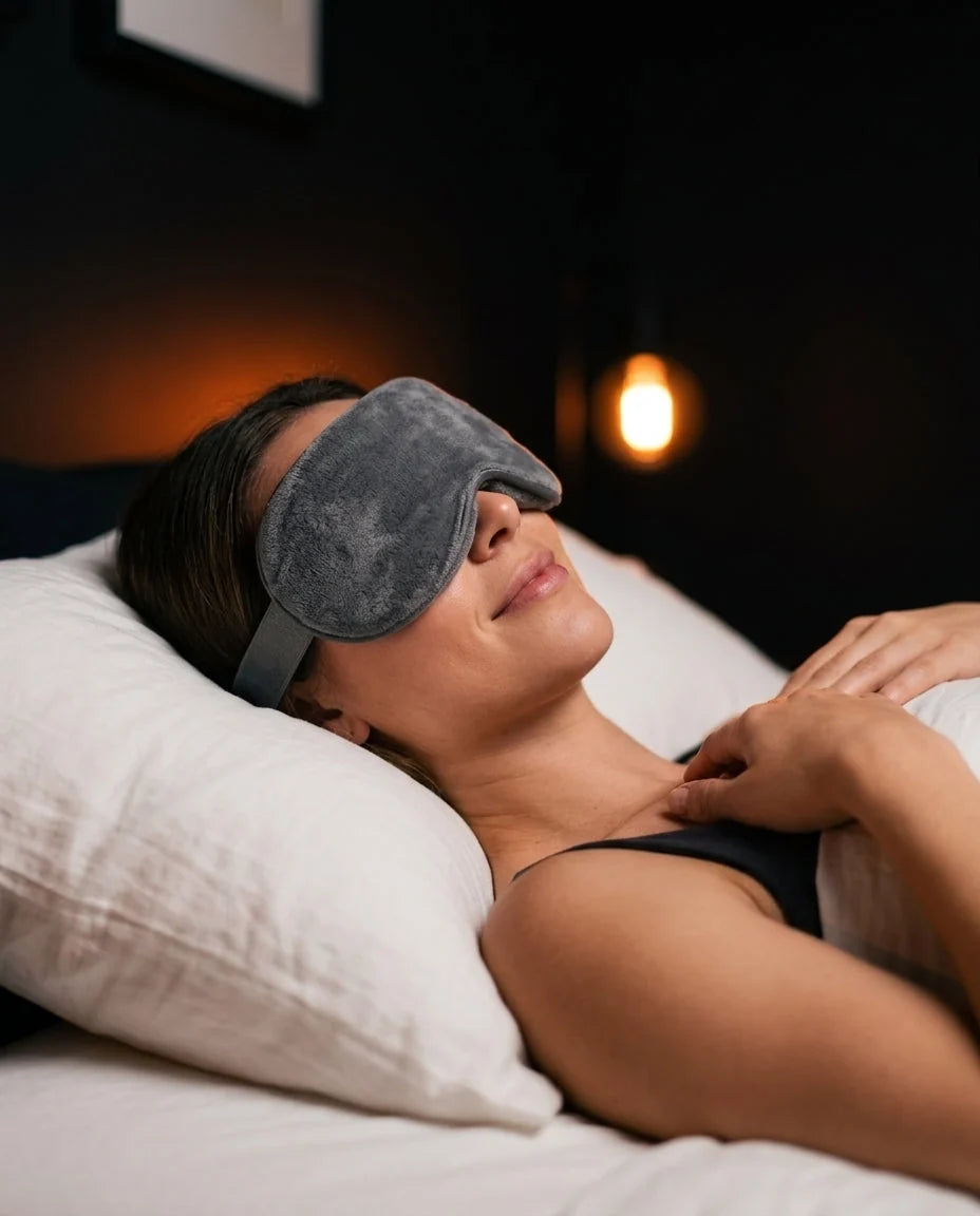 Woman relaxing on a bed while using a Pyre Fit cordless heated eye massager