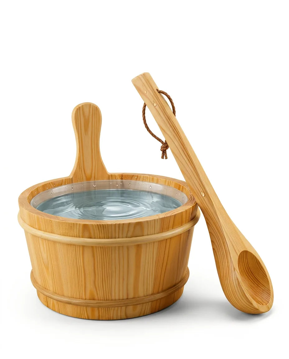 A wooden sauna bucket and ladle used to add steam during a relaxing home sauna session
