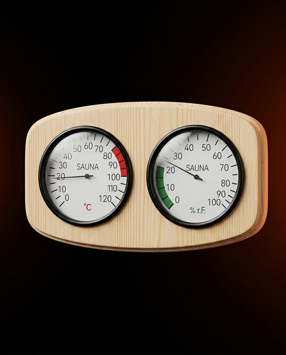Badstutermometer og hygrometer i tre – varme og luftfuktighet med ett blikk – produktbilde 2