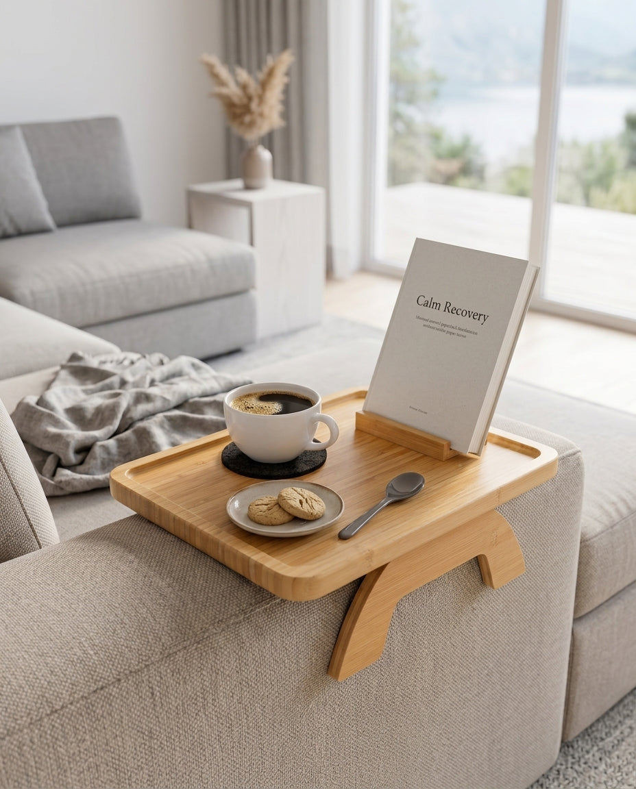 Sofabrett for armlenet med dreibar mobilholder – håndfri komfort i sofaen – produktbilde 2