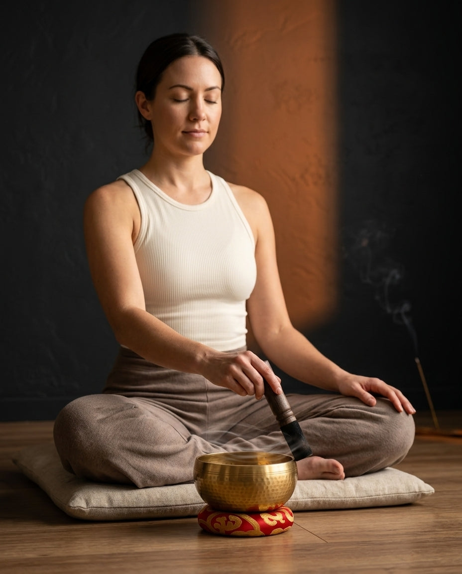 Syngebolle i kobber med kølle og pute – håndlaget for meditasjon – produktbilde 2