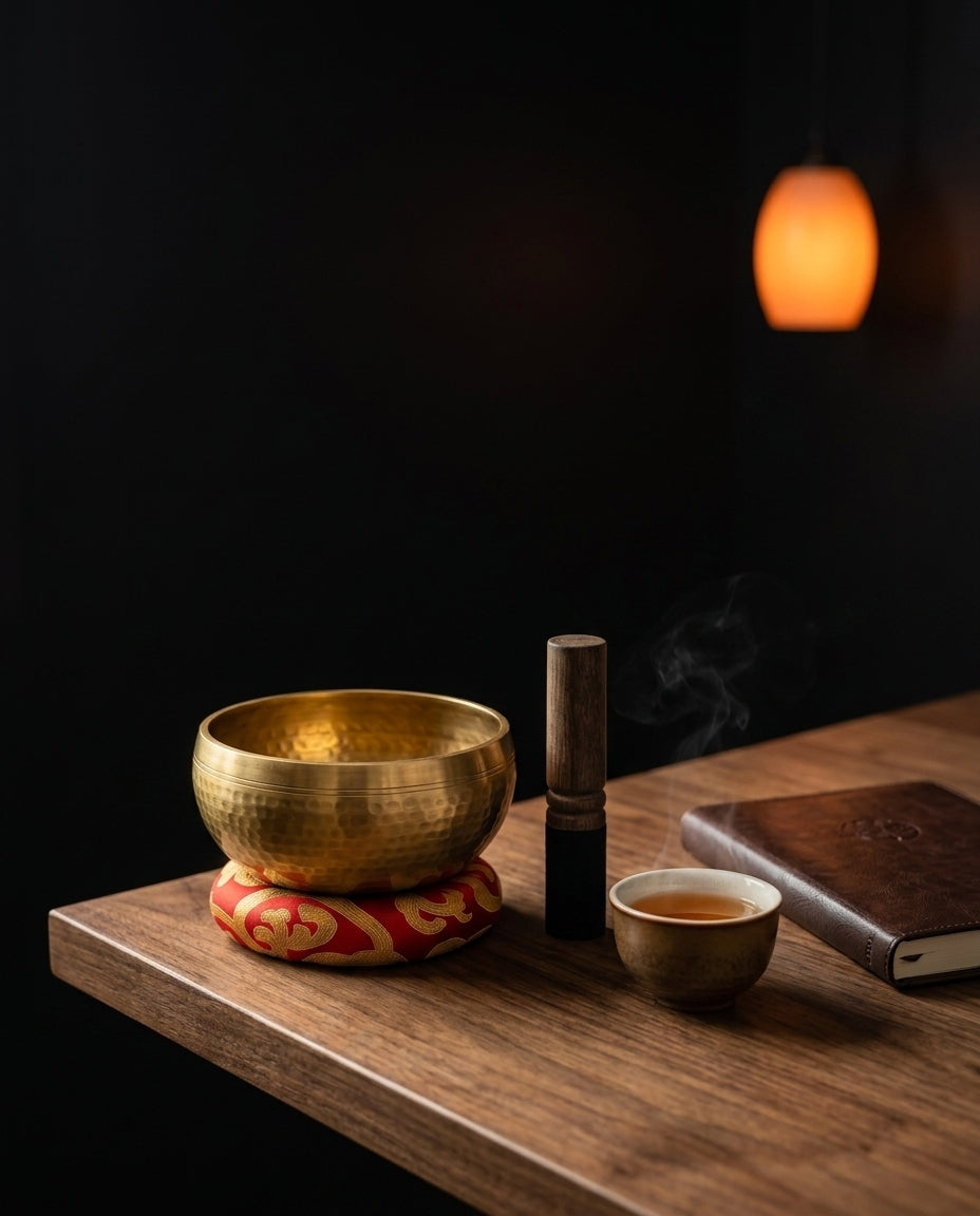 Syngebolle i kobber med kølle og pute – håndlaget for meditasjon – produktbilde 3