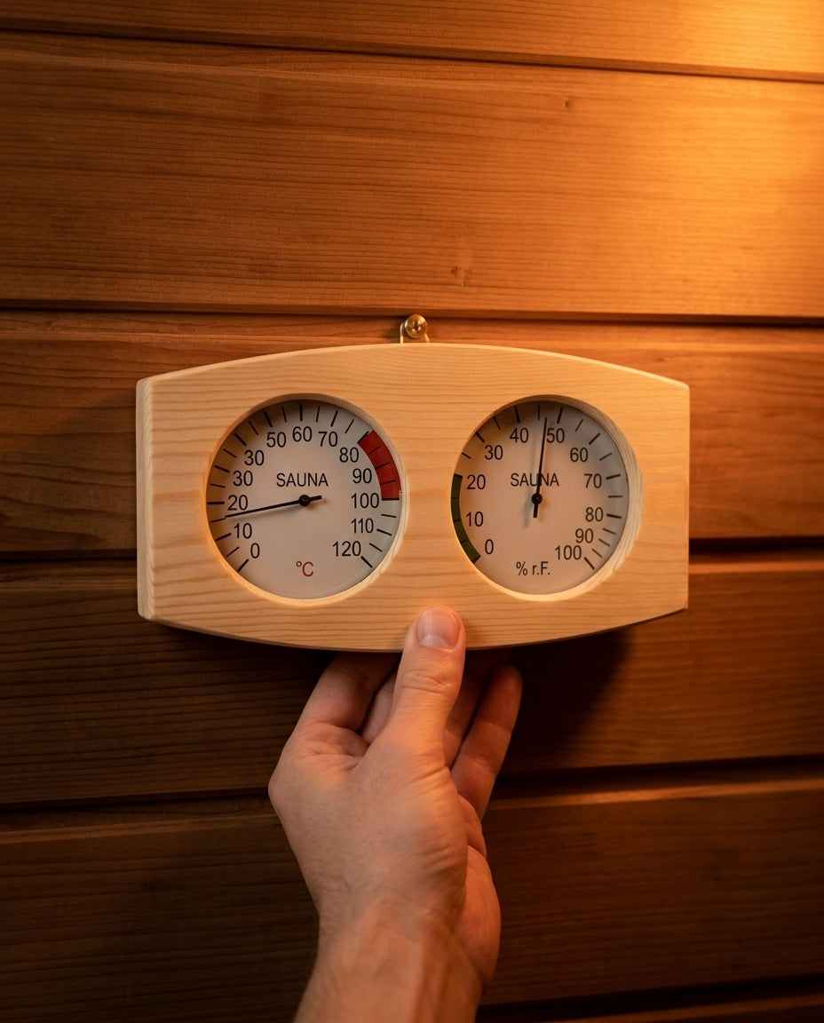 Badstutermometer og hygrometer i tre – varme og luftfuktighet med ett blikk – produktbilde 4