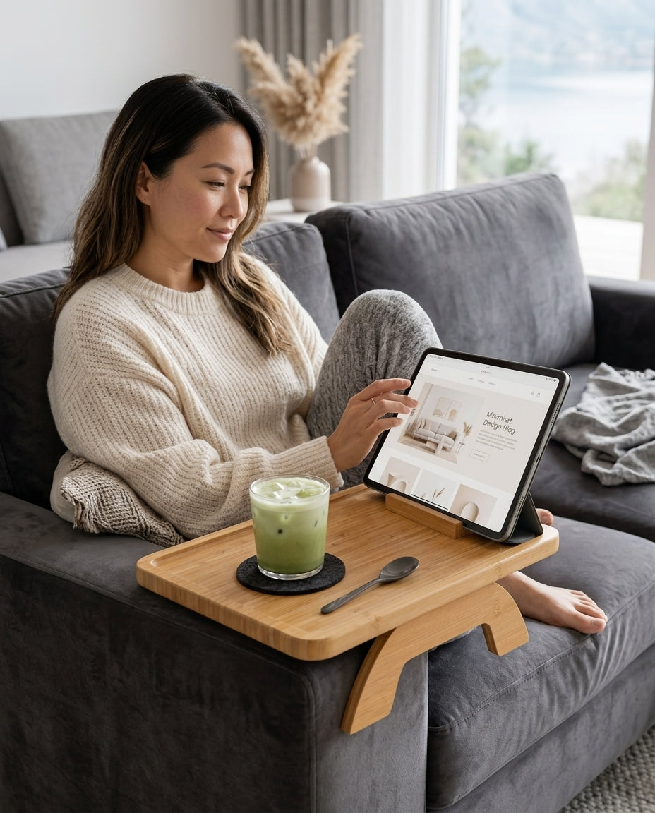 Sofabrett for armlenet med dreibar mobilholder – håndfri komfort i sofaen – produktbilde 3