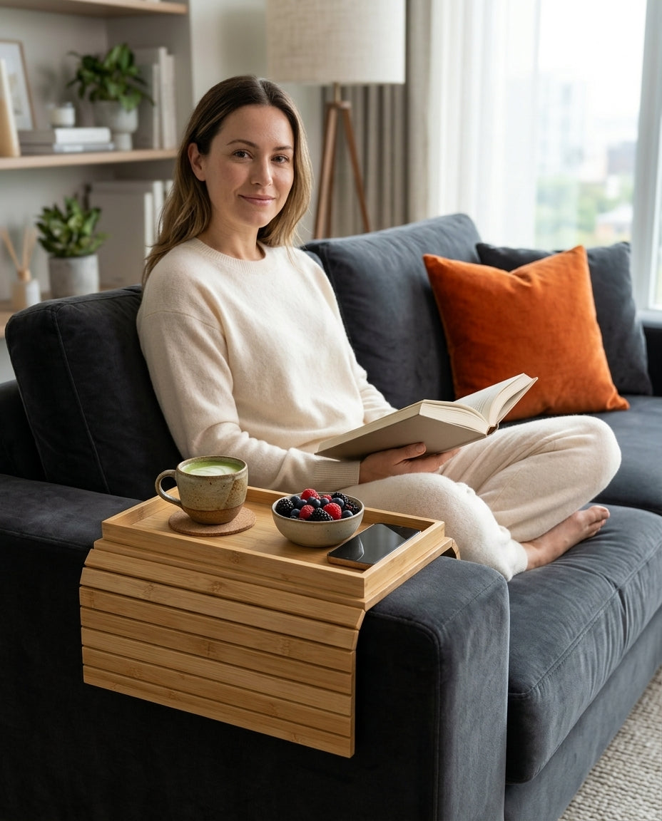 Sofabrett for armlenet i bambus – sammenleggbar flate for kopp, bok og fjernkontroll – produktbilde 2