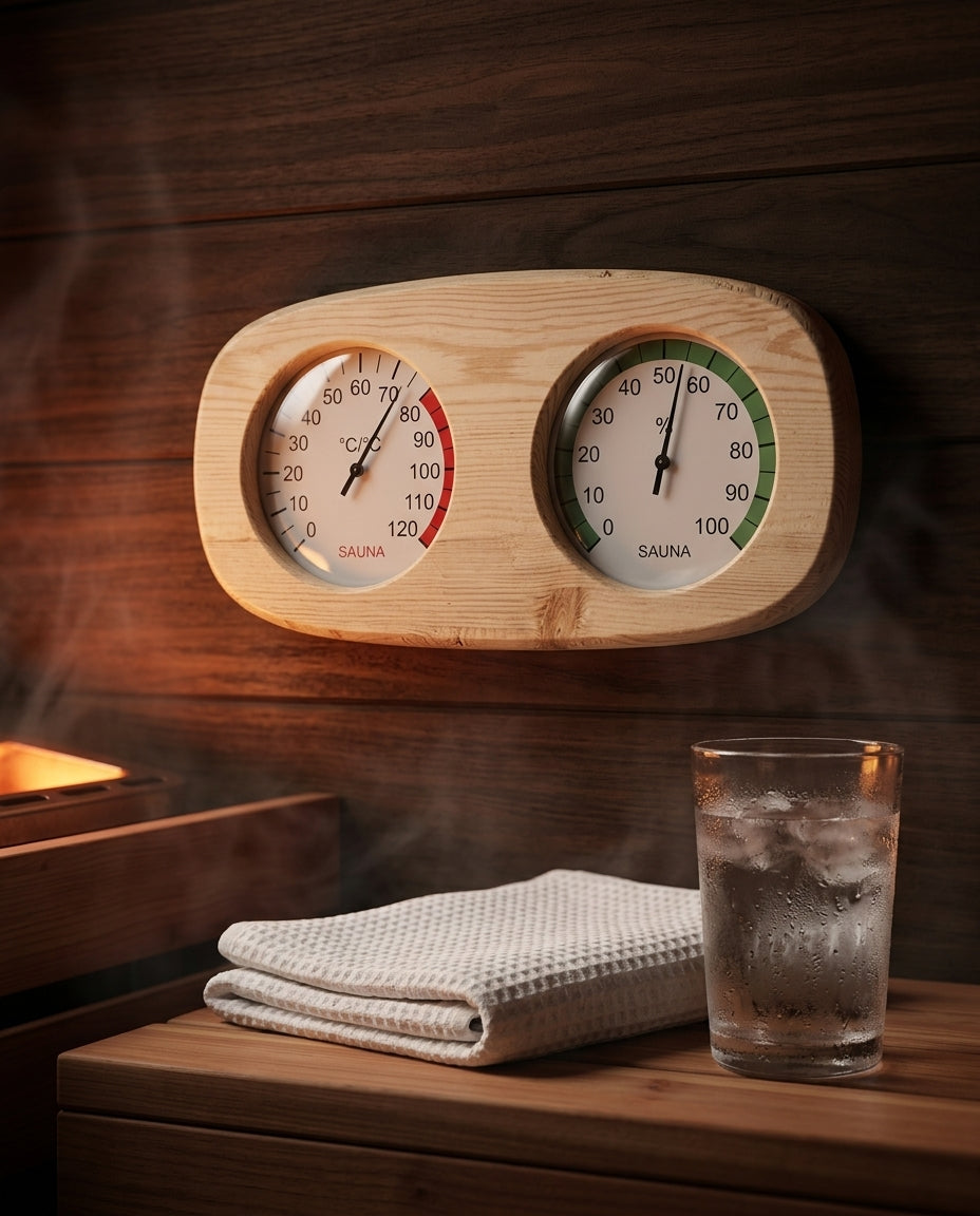 Badstutermometer og hygrometer i tre – varme og luftfuktighet med ett blikk – produktbilde 8