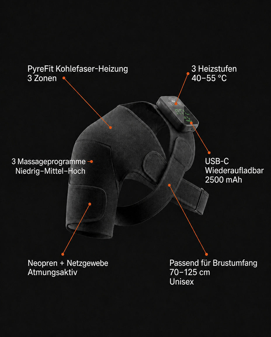 Infografikk om oppbygning og funksjoner for den oppvarmede skulderbandasjen