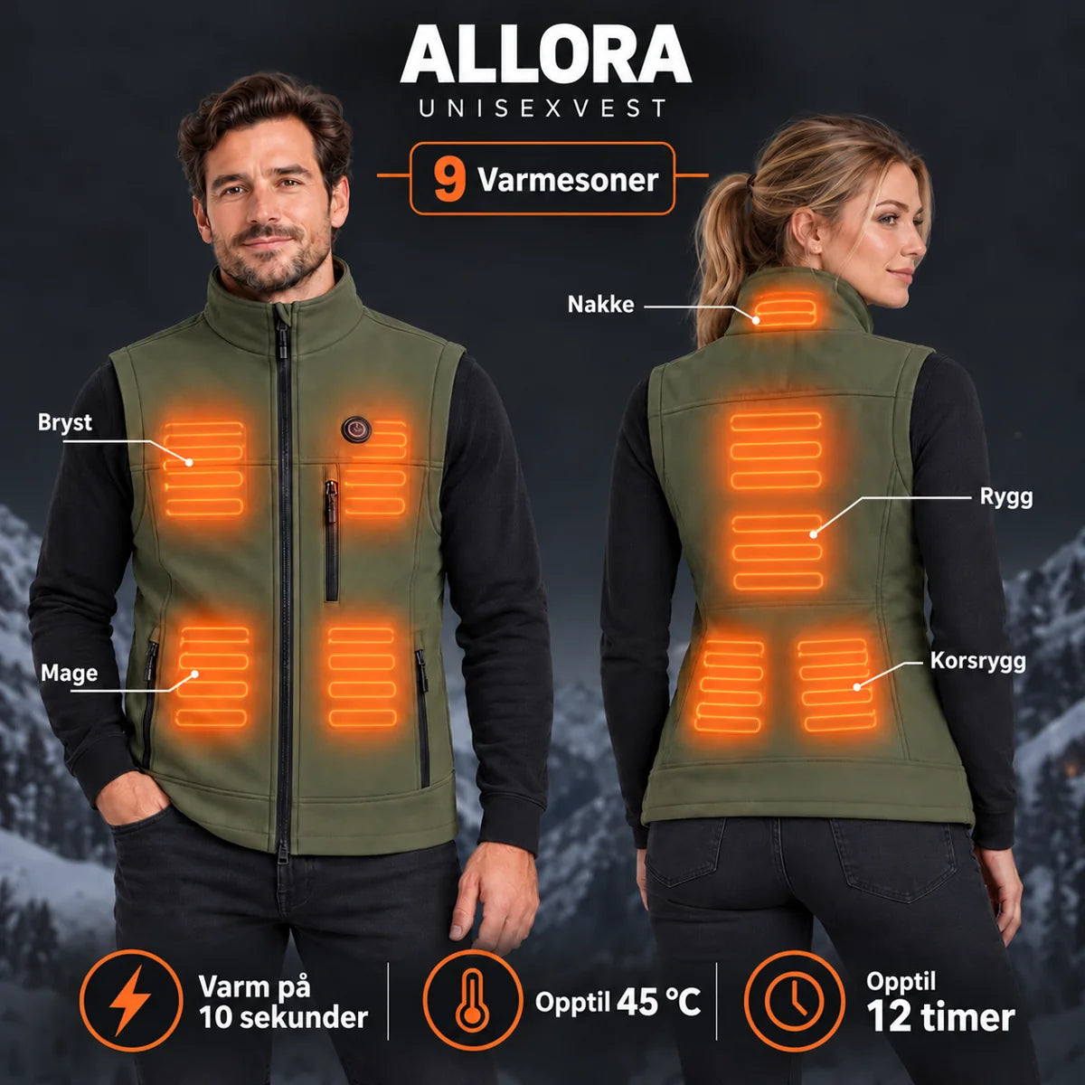 Varmevest unisex PyreFit Allora: 9 varmesoner på nakke, bryst, mage, rygg og korsrygg