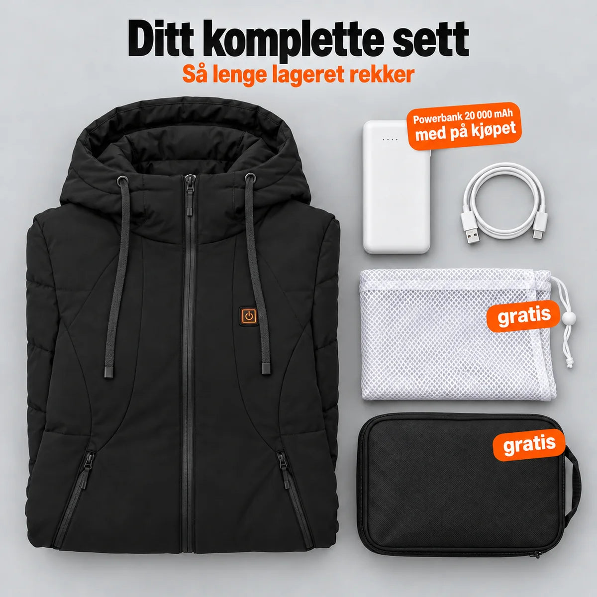 Komplett sett: Alpina, powerbank 20 000 mAh, ladekabel, vaskepose og veske
