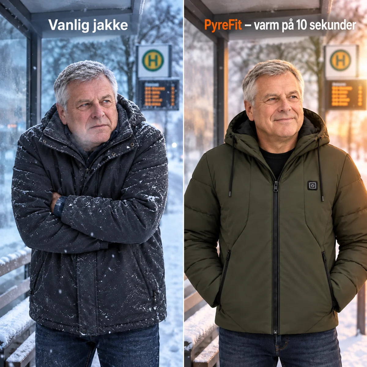 Sammenligning: vanlig vinterjakke og Apexia med varme