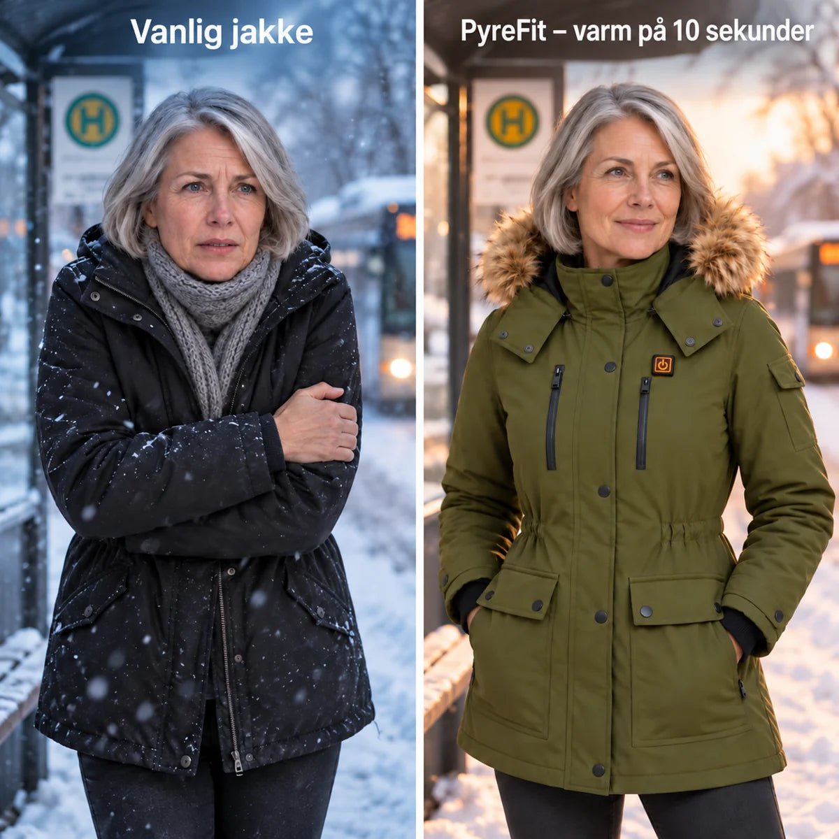 Sammenligning: vanlig vinterjakke og Apexor med varme