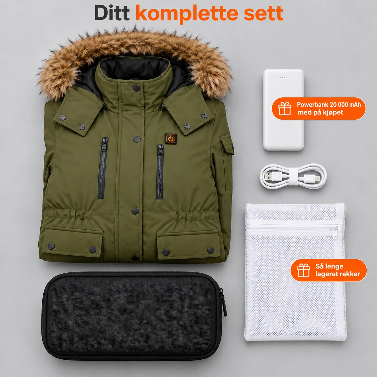 Komplett sett: Apexor, powerbank 20 000 mAh, ladekabel, vaskepose og veske