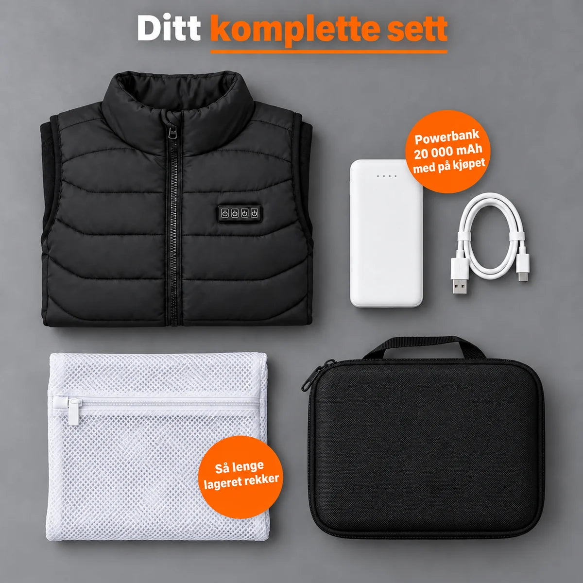 Komplett sett: Aurina, powerbank 20 000 mAh, ladekabel, vaskepose og veske