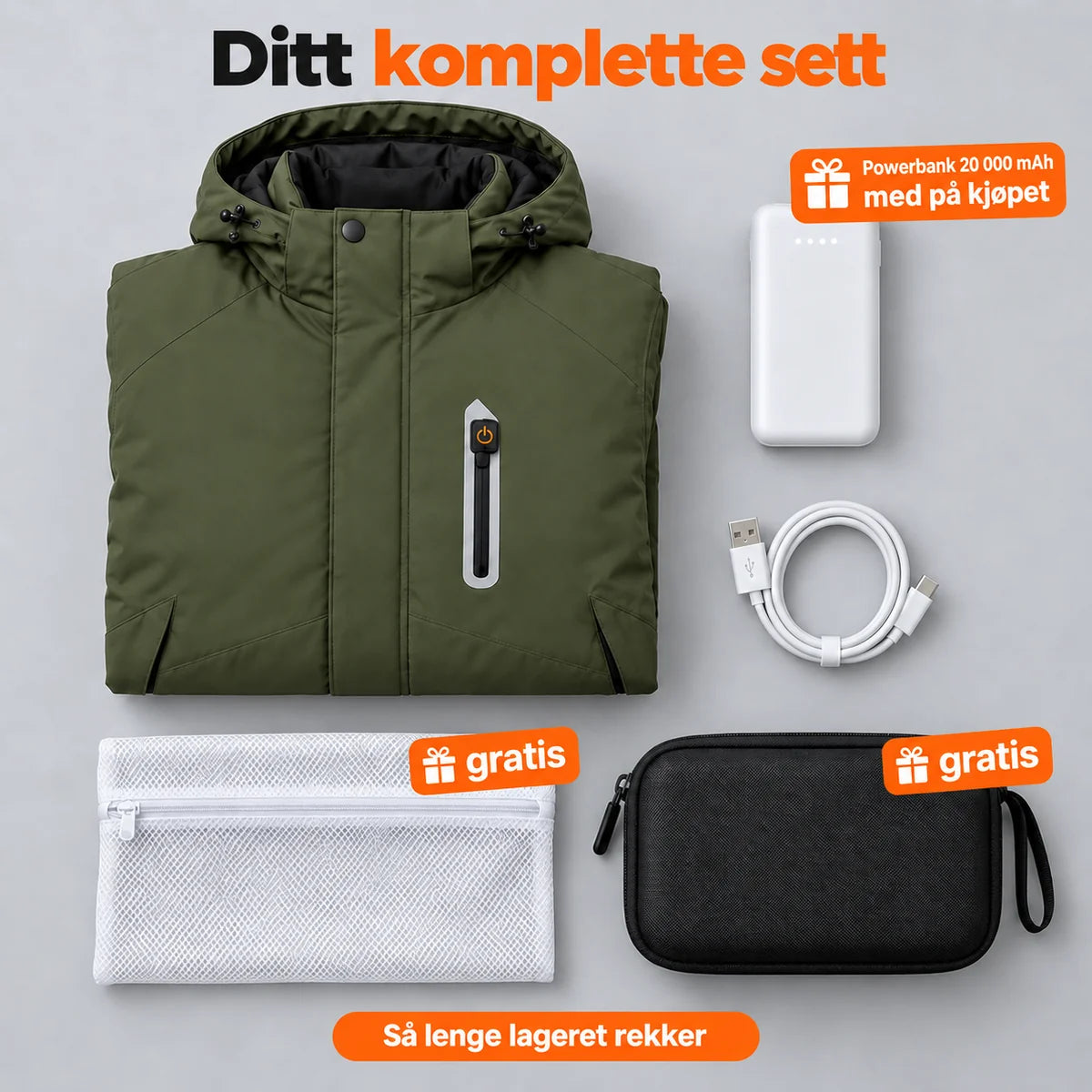 Komplett sett: Calvero, powerbank 20 000 mAh, ladekabel, vaskepose og veske
