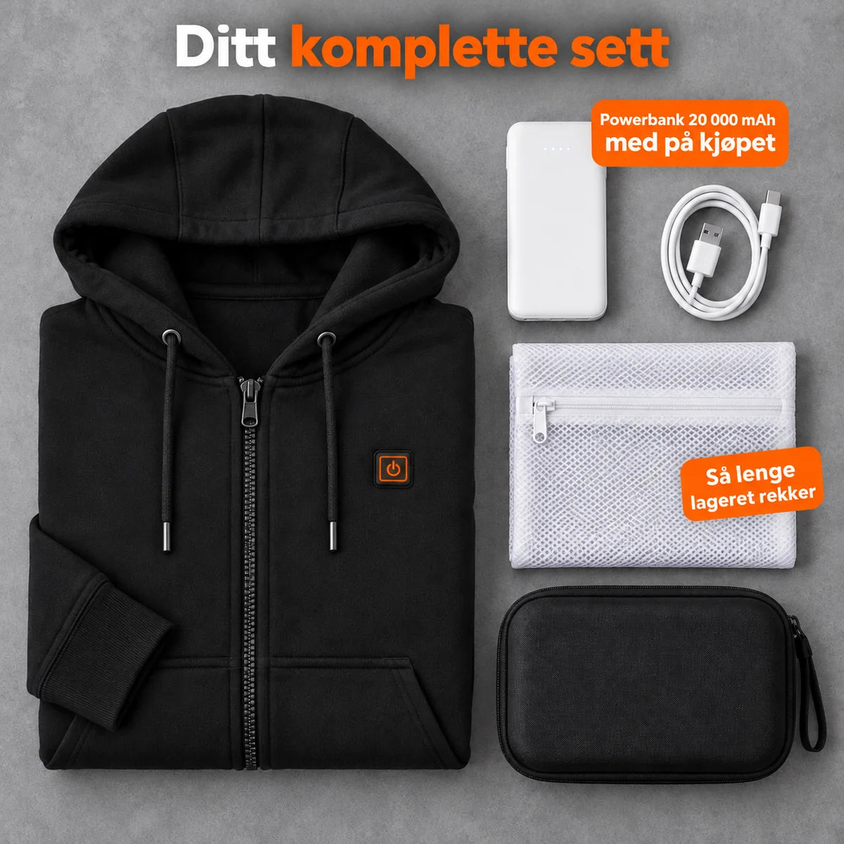 Komplett sett: Cosaro, powerbank 20 000 mAh, ladekabel, vaskepose og veske