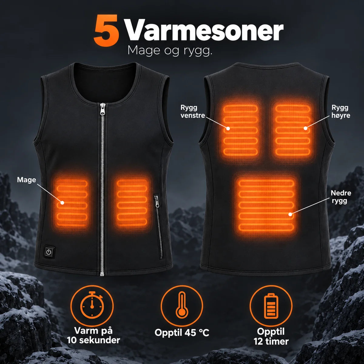Tynn varmevest unisex PyreFit Duvaro: 5 varmesoner på mage og rygg