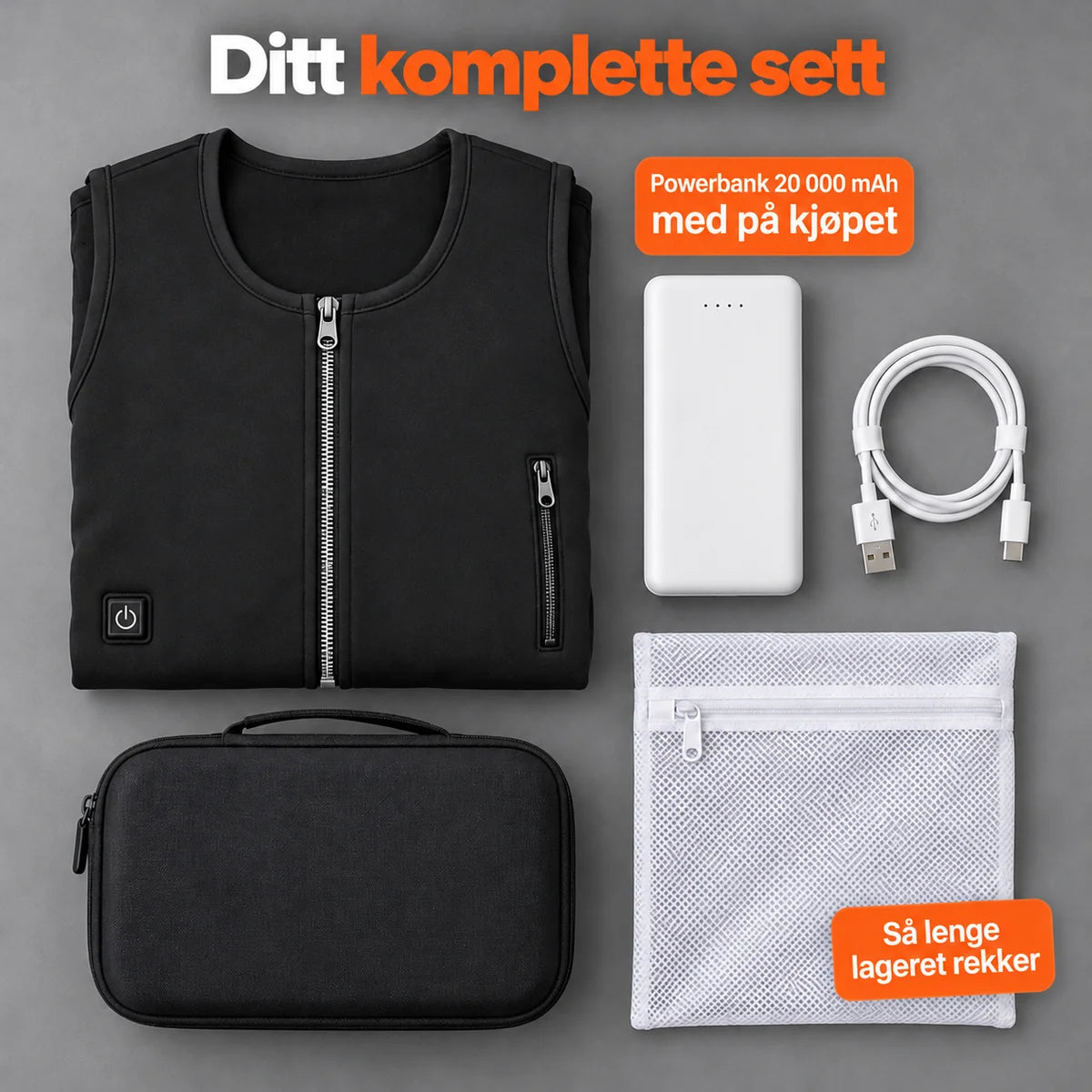Komplett sett: Duvaro, powerbank 20 000 mAh, ladekabel, vaskepose og veske