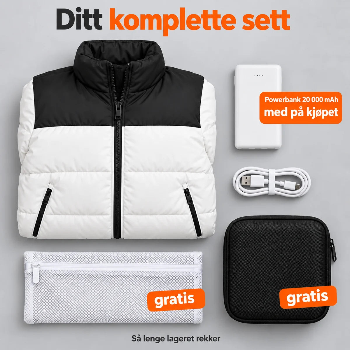 Komplett sett: Elaron, powerbank 20 000 mAh, ladekabel, vaskepose og veske