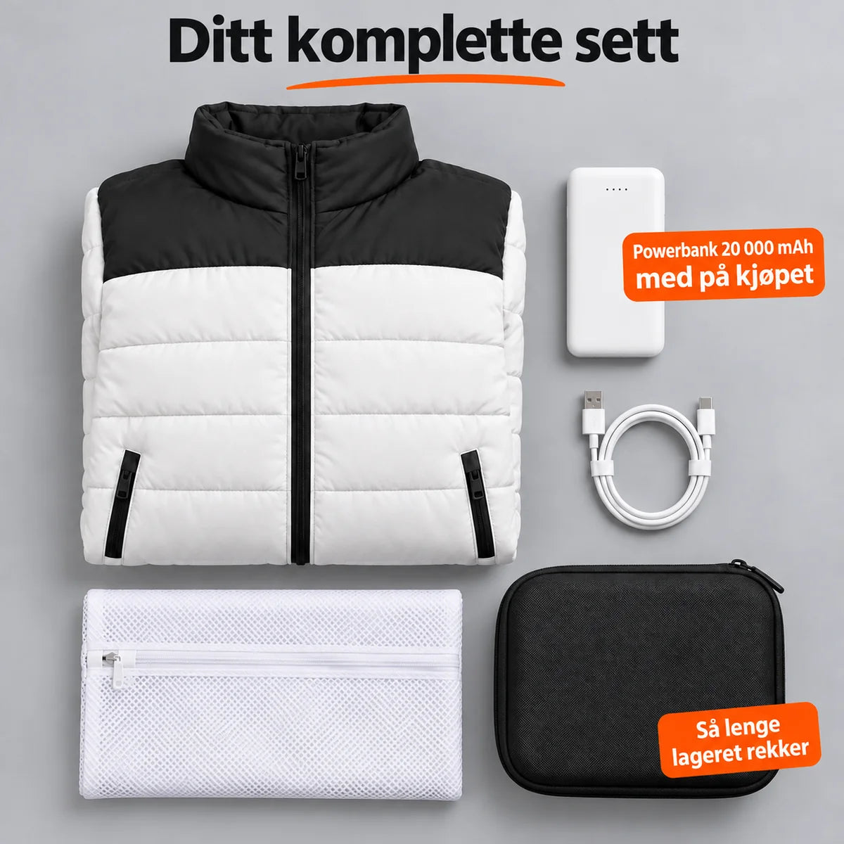 Komplett sett: Expelia, powerbank 20 000 mAh, ladekabel, vaskepose og veske