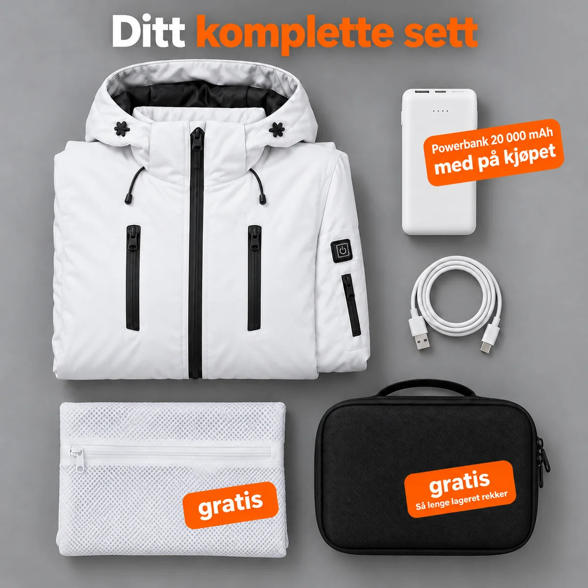 Komplett sett: Glacio, powerbank 20 000 mAh, ladekabel, vaskepose og veske