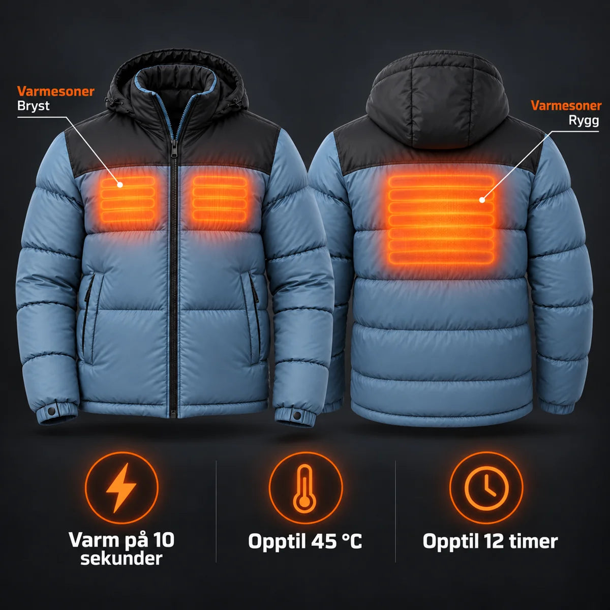 Vattert varmejakke unisex PyreFit Gletor: varmesoner på bryst og rygg