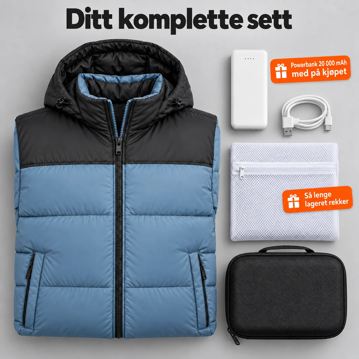 Komplett sett: Gletor, powerbank 20 000 mAh, ladekabel, vaskepose og veske