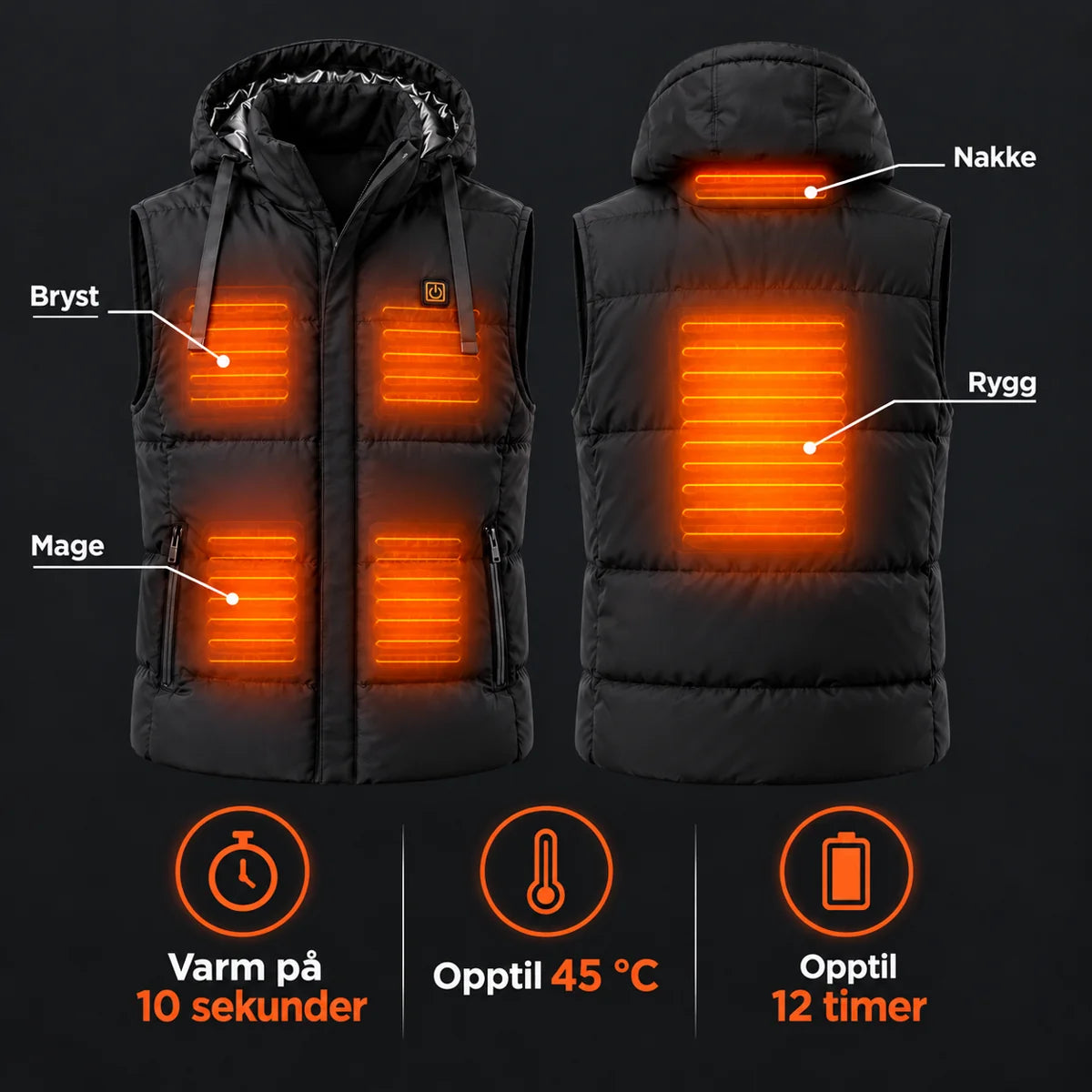 Varmevest unisex med hette PyreFit Horizonor: varmesoner på bryst, mage, nakke og rygg