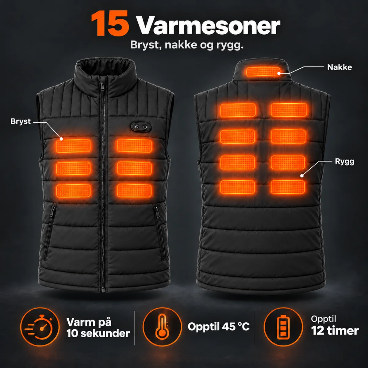 Varmevest unisex PyreFit Matrixor: 15 varmesoner på bryst, nakke og rygg