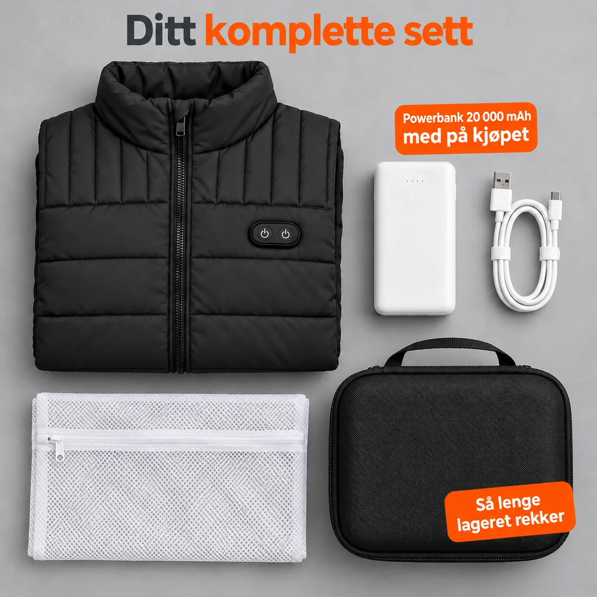 Komplett sett: Matrixor, powerbank 20 000 mAh, ladekabel, vaskepose og veske