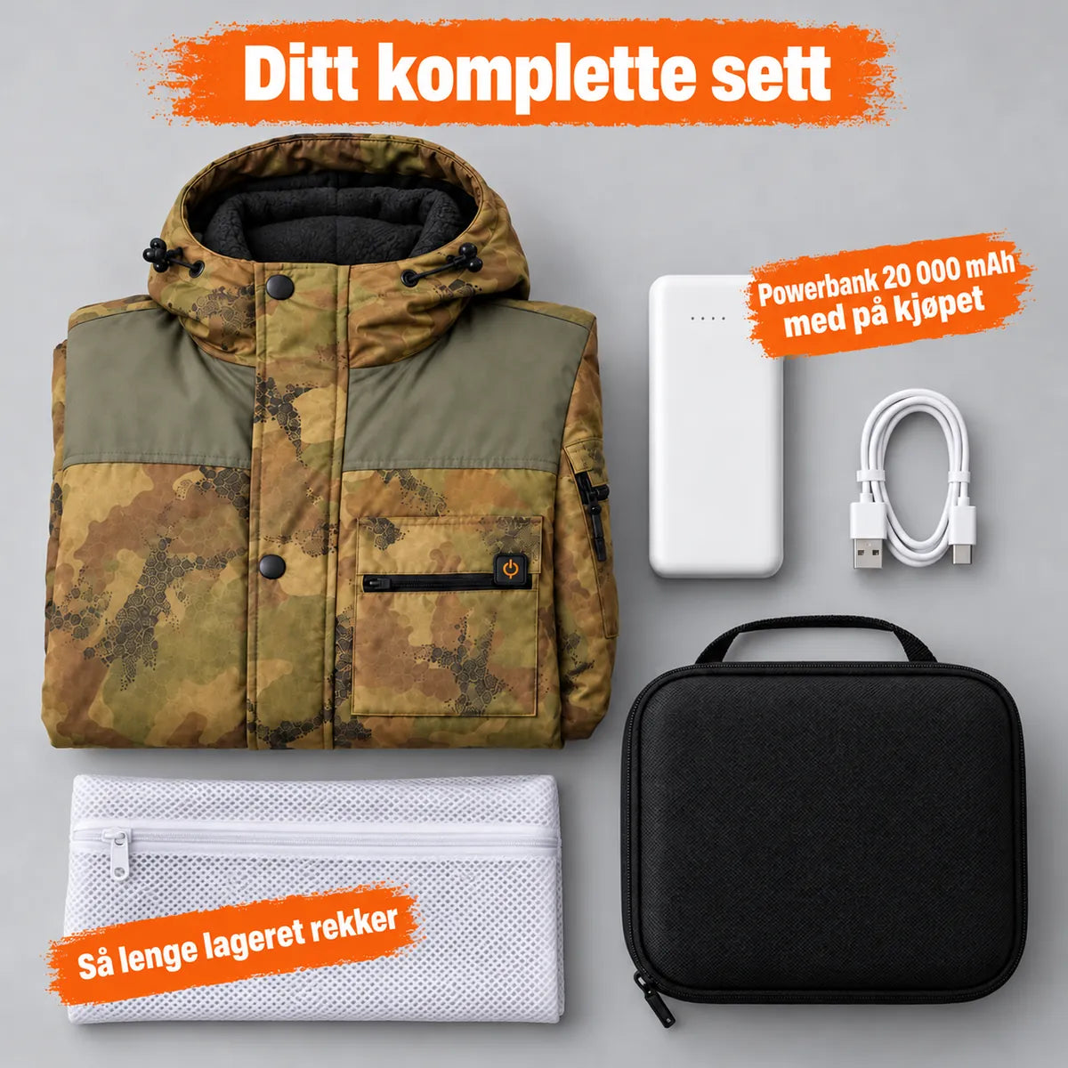 Komplett sett: Mistro, powerbank 20 000 mAh, ladekabel, vaskepose og veske