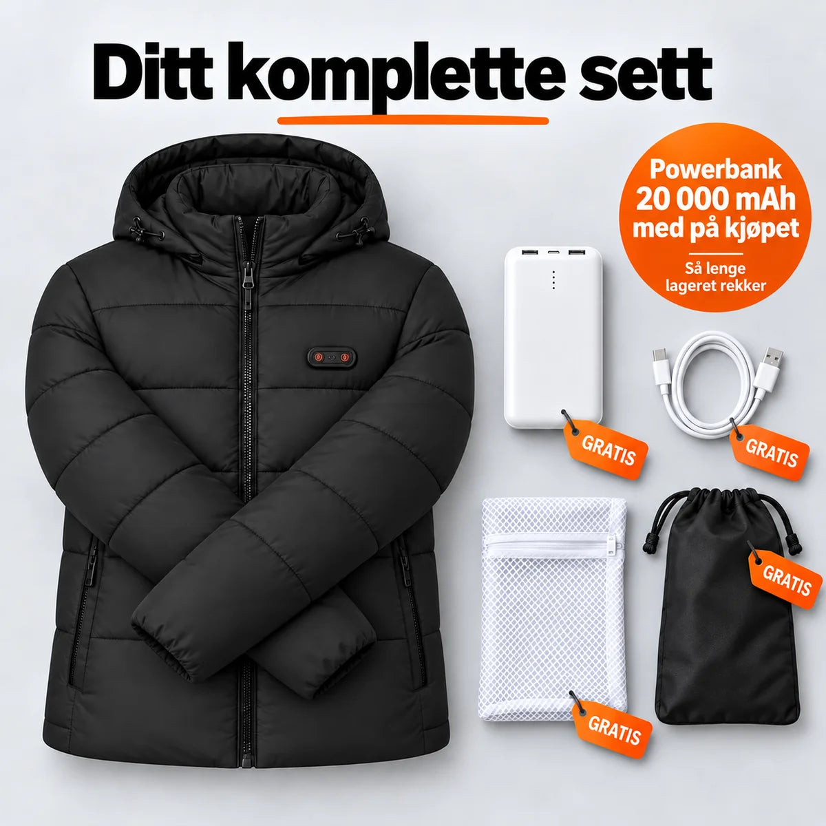 Komplett sett: Nordik, powerbank 20 000 mAh, ladekabel, vaskepose og veske