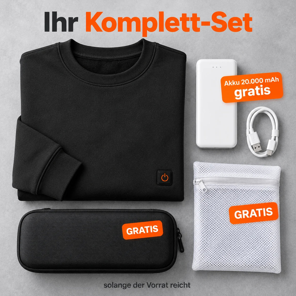 Komplett sett: Aeroan, powerbank 20 000 mAh, ladekabel, vaskepose og veske