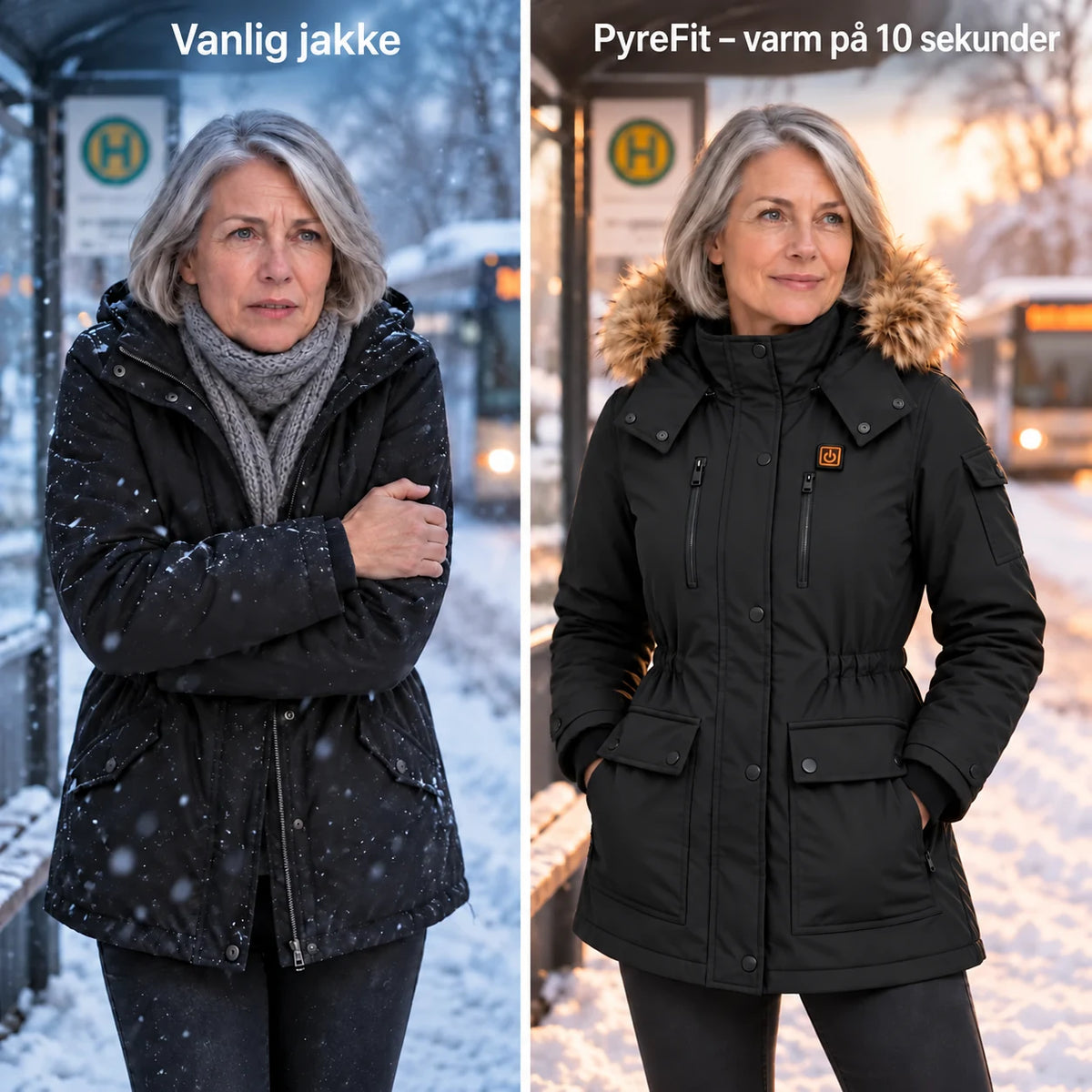Oppvarmet vinterkåpe til dame PyreFit Apexor i svart, sammenlignet med en vanlig vinterjakke