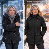 Oppvarmet vinterkåpe til dame PyreFit Apexor i svart, sammenlignet med en vanlig vinterjakke