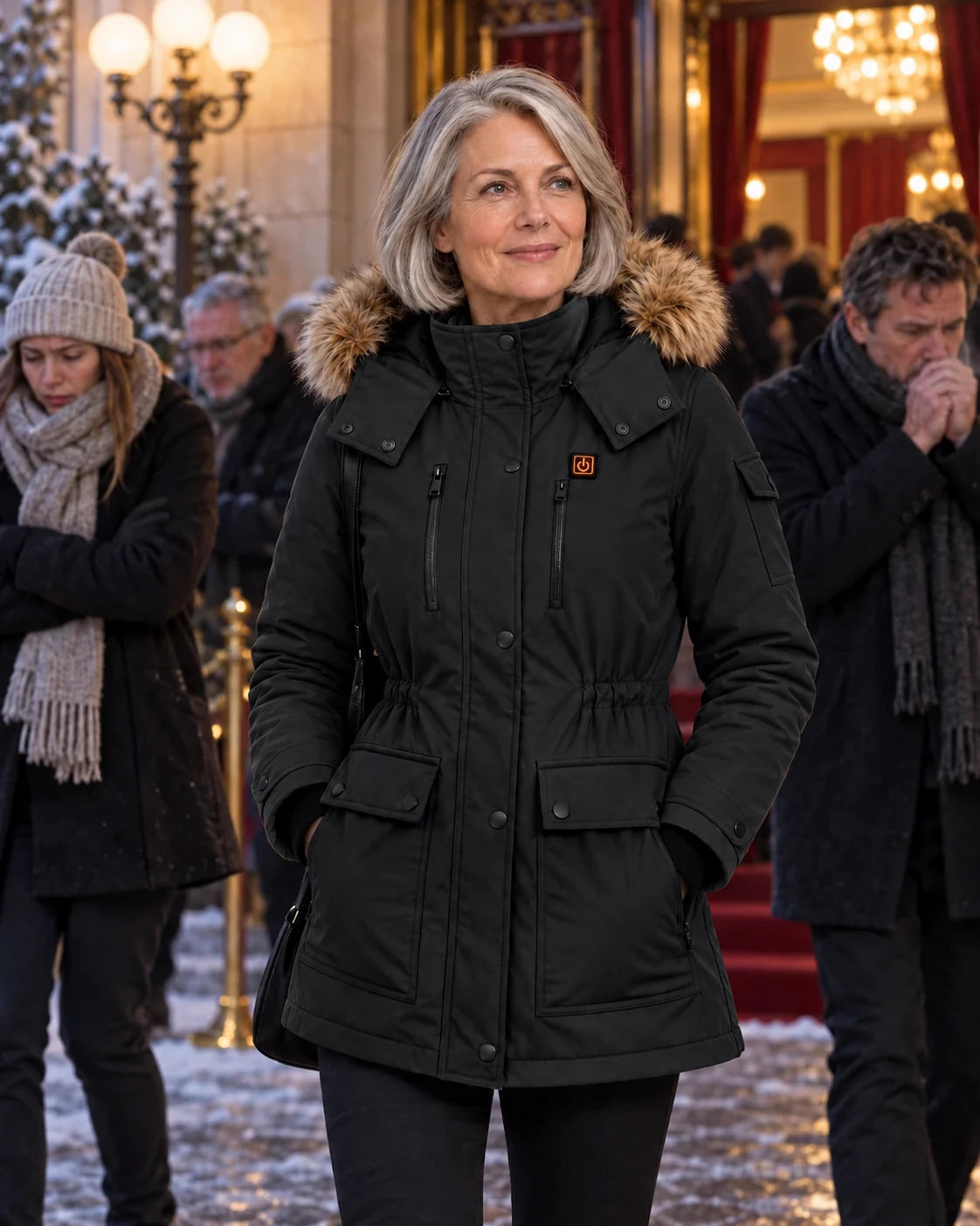 Oppvarmet vinterkåpe til dame PyreFit Apexor i svart, vinterhverdag, på teater